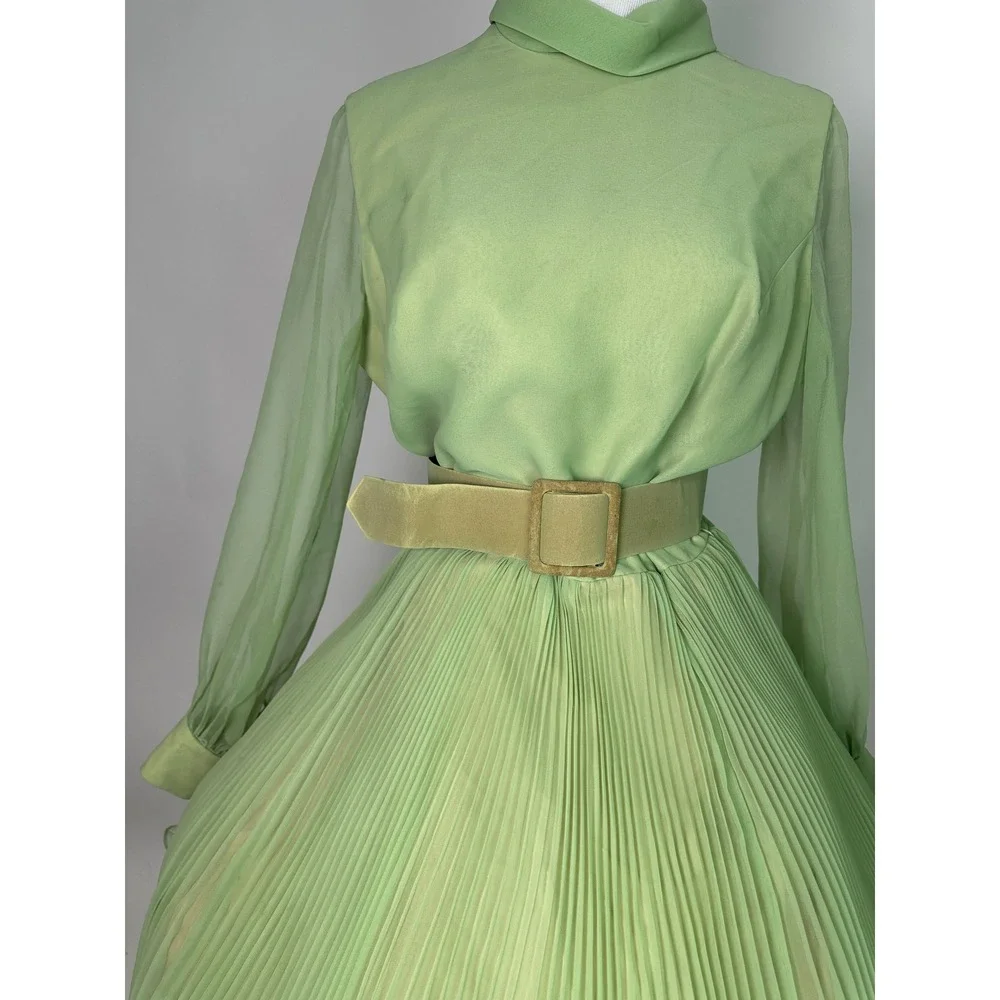 Vintage 70s Jack Bryan Pastel Green Chiffon‎ Pleated Midi Dress Mock Neck Belted